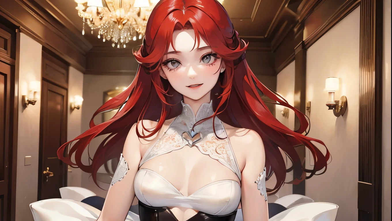 red long hair, masterpiece work, best quality, high resolution;,Improved detail,best quality,Perfect image quality,beautiful and sexy, first person view, small dots under the eyes , pretty, 큰 chest, 8K, ,chest 크게, pure white skin, chest, Beloved, excitement, beautiful, My heart is pounding, red hair, glamour, Gray-eyed pupils,hip, glamour, big breast, girl friend, Smiling, Idol, singer, superior, fancy, hotel room