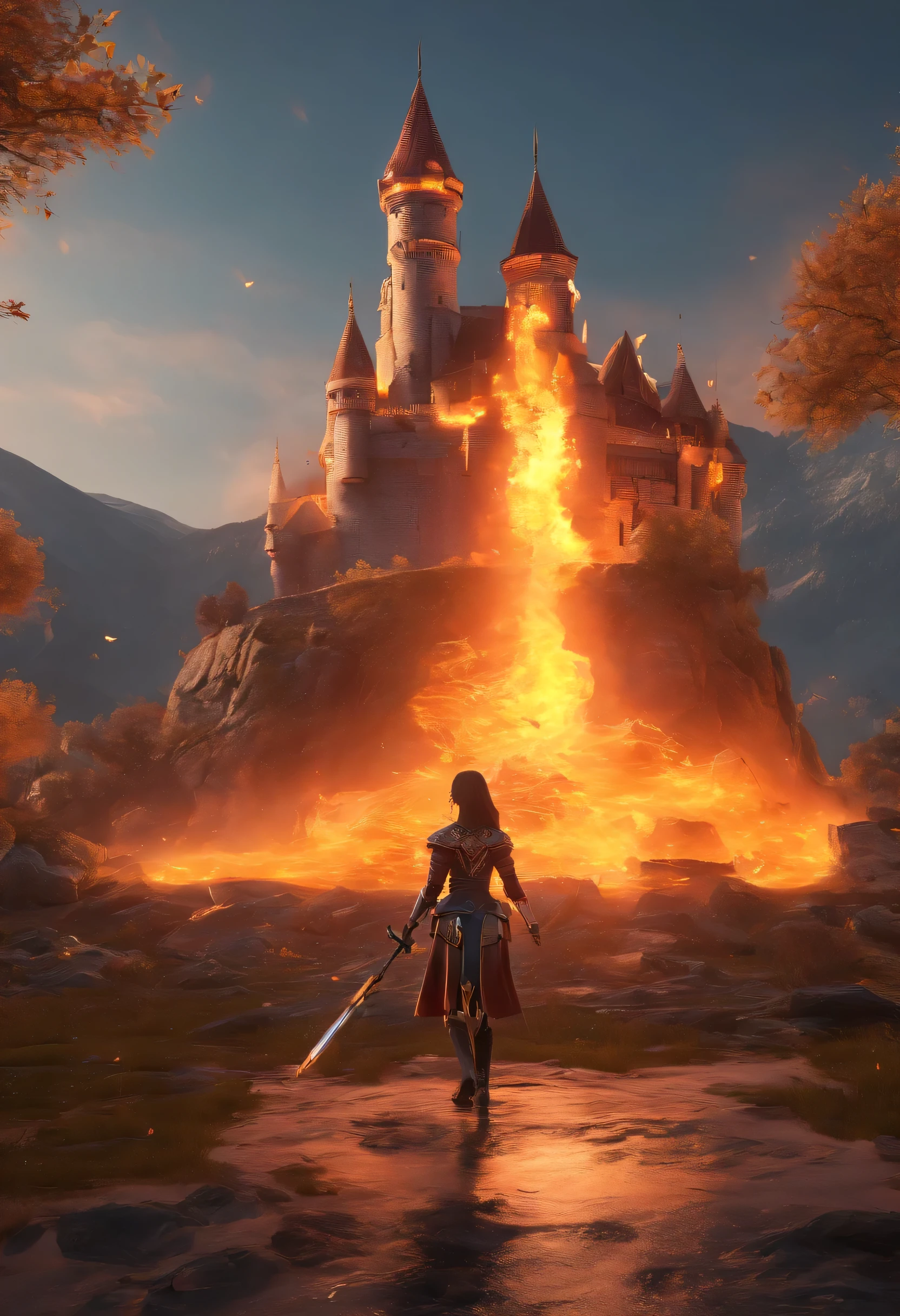 A paladin (1 woman) on her back in battle stance looking at a beautiful castle on fire.