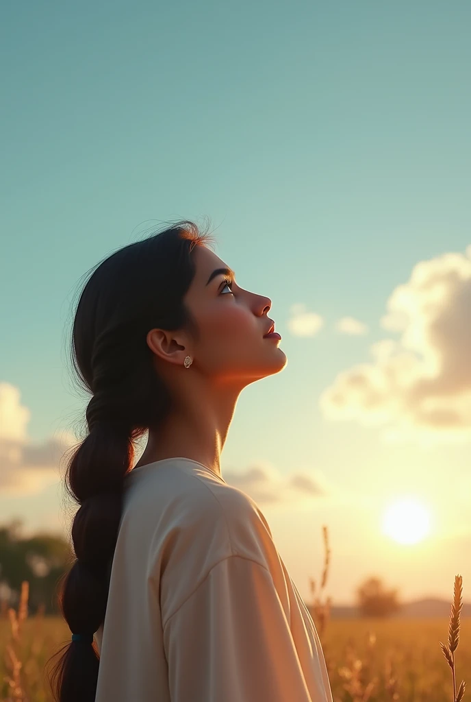 I'll try to describe the scene for you:
A 21-year-old Pakistani girl with a fair complexion and sits alone, watching the sky. She has a Roman nose and a serene expression on her face. The sky behind her is bright. She's surrounded by a peaceful atmosphere, with a few trees or flowers in the background. Show more sky picture should be landscape make her nose a long
