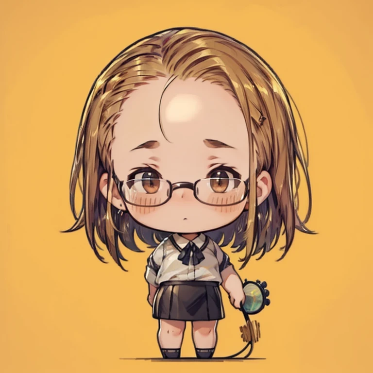 ((chibi)), big head, focus face, flat avatar, (masterpiece:1.2, highest quality), (Realistic, photoRealistic:1.4), Beautiful illustrations, (Natural Side Lighting, Cinema Lighting), Written boundary depth, Beautiful thighs staring at the viewer, 1 female, 20-year-old, alone, thin, slender, (small breasts), short Hair, straight Hair, Forehead, Forehead, Forehead, Forehead, thin, slender, glasses, blouse, sexy pencil skirt, Are standing