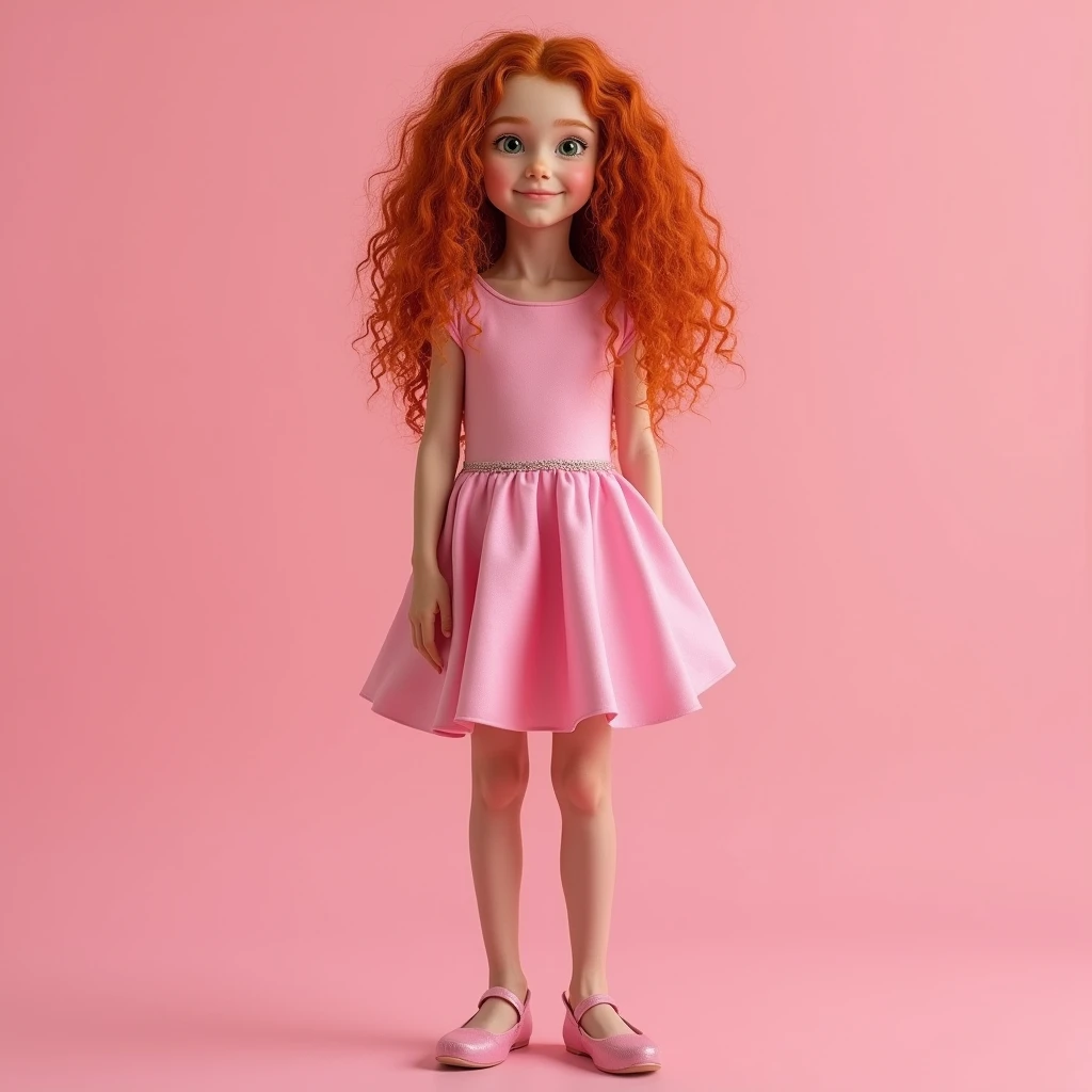 Create Realistic Photos of  Girls Red Curly Hair. (shoulder height), Beautiful face, smile, whole body, slender body, slender legs, green eyes on a pink background in a pink beautiful dress