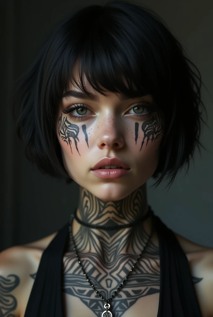 Short haired woman with bob cut with tattoos on her face and neck and black tattoos