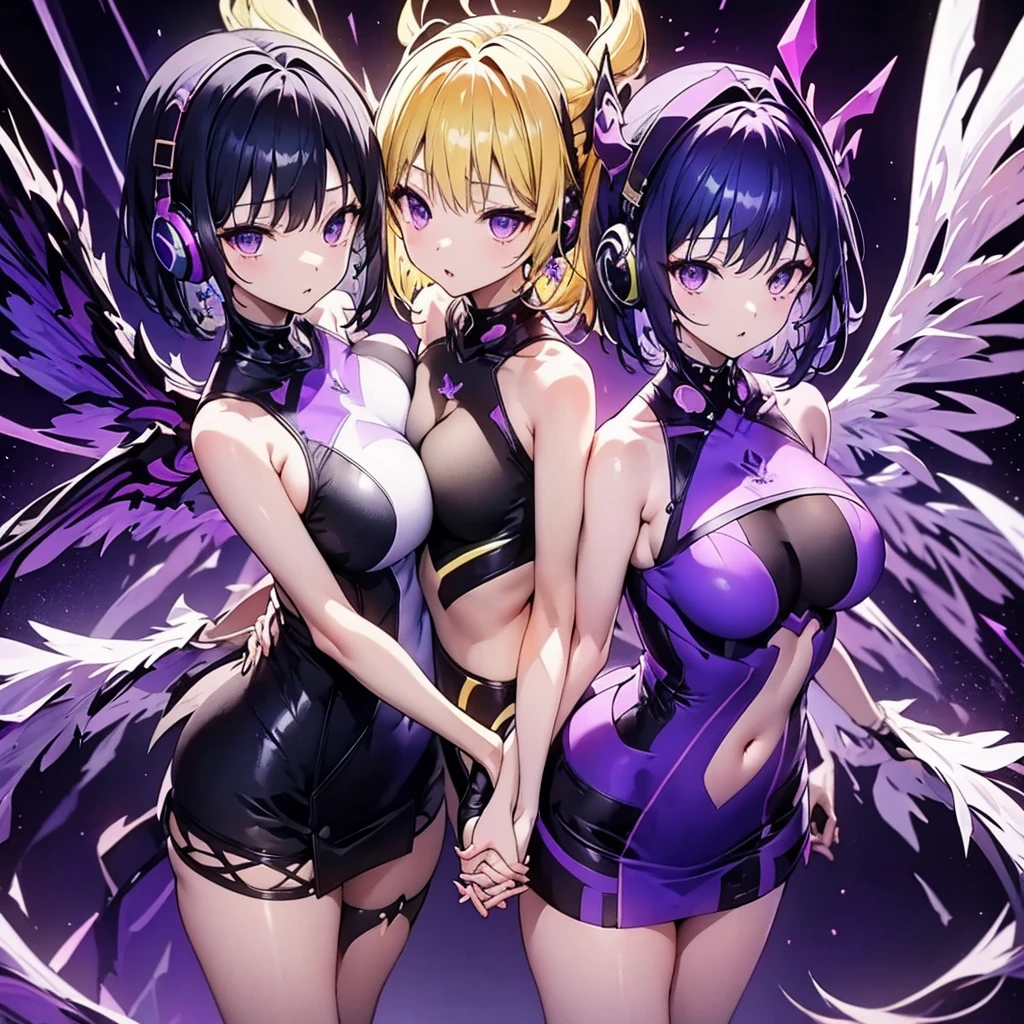 ((Highest quality)), (detailed), Holding hands and standing with their backs together, a girl with dark blue hair, short hair, long bangs, large breasts, purple eyes, and white headphones, and a girl with average size, small breasts, long blonde hair, purple eyes, and a long side ponytail with large wings, flames、Idol、Holding hands and standing back to back.0、Yellow and purple light cube background 1.7、Idol衣装1.6、Anatomically correct