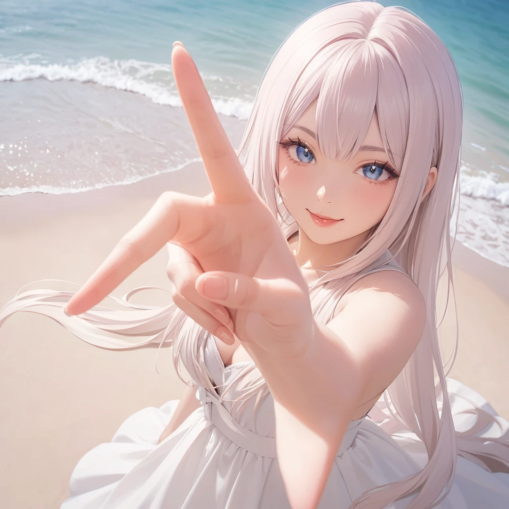 Her right hand is stretched out towards the viewer and she is making a peace sign