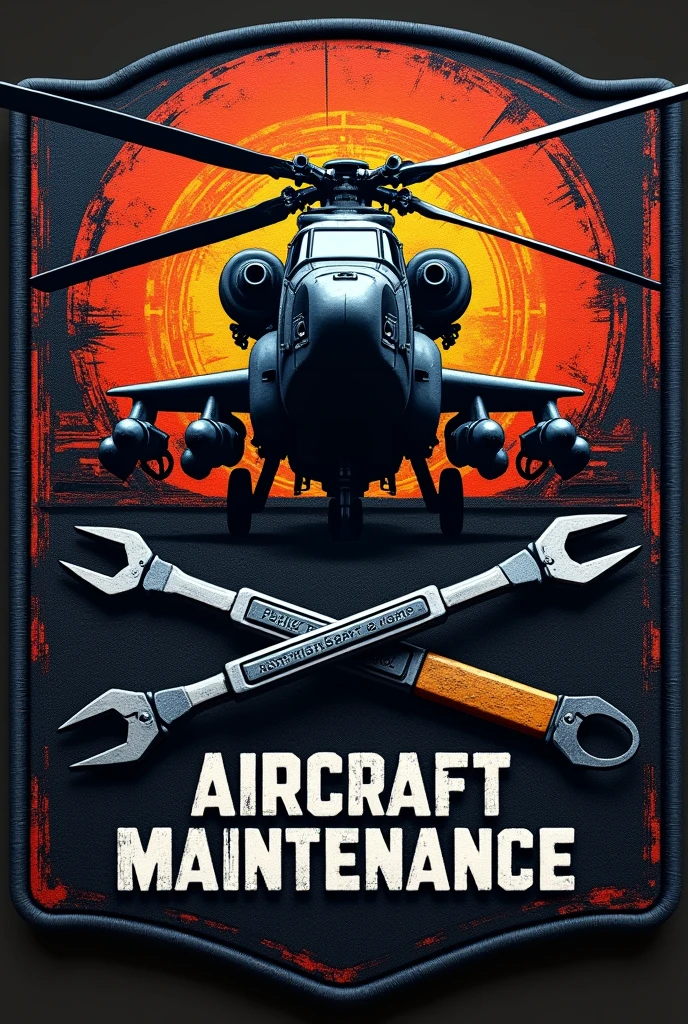 War helicopter patch with crossed tools with the phrase aircraft maintenance 