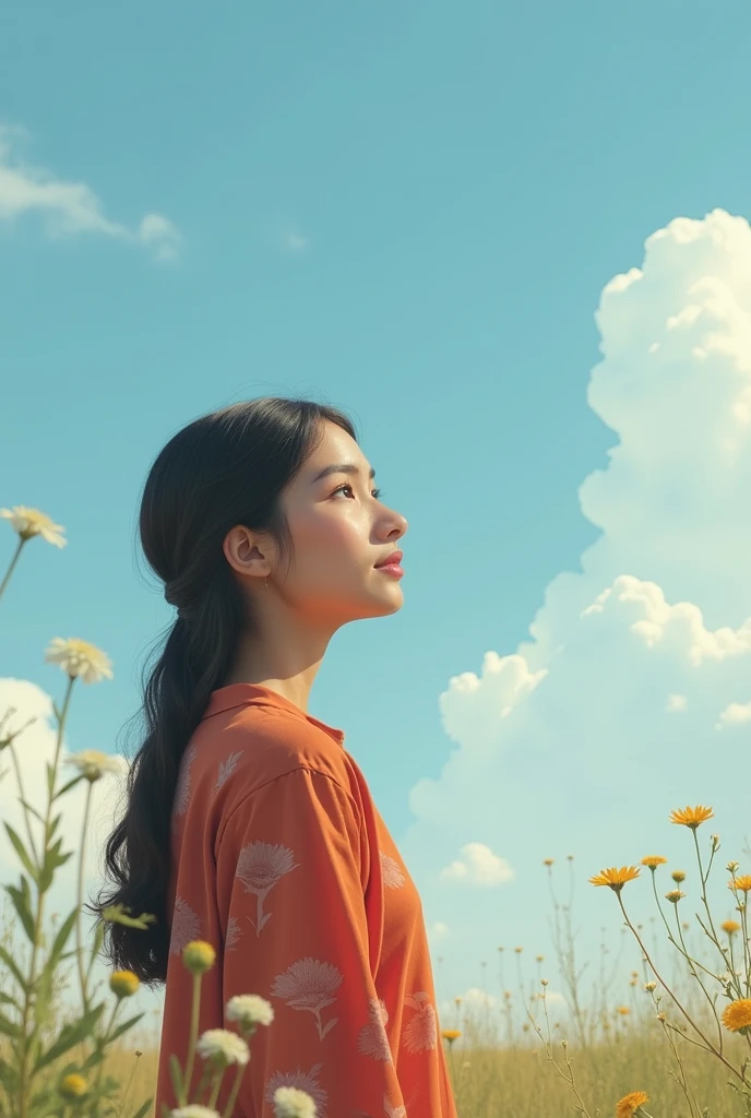 I'll try to describe the scene for you:
A 21-year-old Pakistani girl with a fair complexion and sits alone, watching the sky. She has a Roman nose and a serene expression on her face. The sky behind her is bright. She's surrounded by a peaceful atmosphere, with a few trees or flowers in the background. Show more sky picture should be landscape make her nose a long