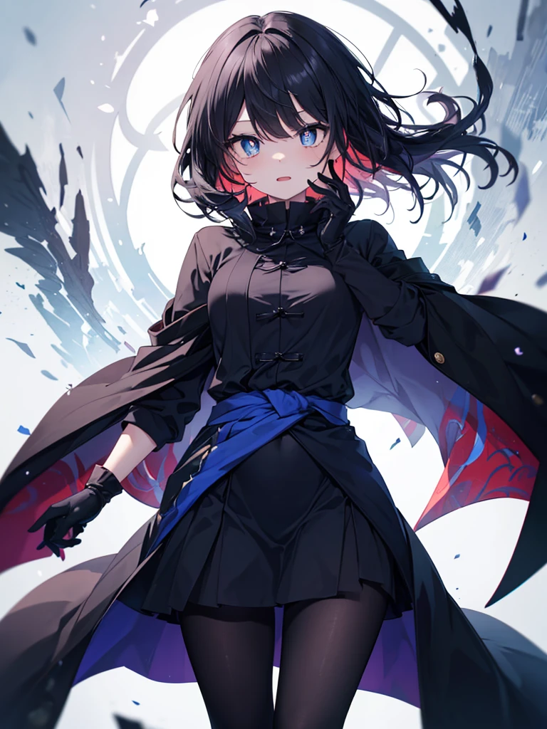 ((Touhou Project)),((masterpiece)),((Highest quality)),((Bewitching Girl)),((alone)),((Dark blue pupils)),((Beautiful Blue Eyes)),((wearing a black coat)),((Wearing a black mini skirt)),((A slim body)),((Wearing black tights)),((Black hair)),((Long bangs)),((I can see my eyes through my hair)),((Wearing black gloves)),(Dark world),((Laugh fearlessly)),((My hair reaches down to my waist))