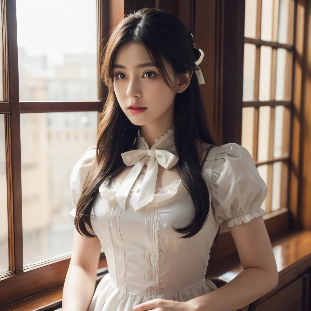 Maid clothes, Beautiful maid with long flowing hair, Detailed eyes, Detailed lips, Very detailed顔, Long eyelashes, レースとリボンがついた精巧なMaid clothes, holding a feather duster, Standing in a luxurious Victorian room, Window Light, Dramatic lighting, Structure of the film, Very detailed, Realistic, 8k, masterpiece
