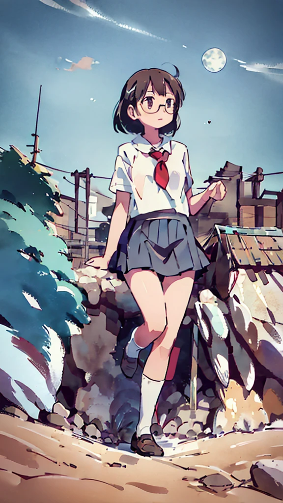 Many towers in the distance、Big Moon、metropolis、Looking up at high places、water、Midnight、Moon、Blue light、sky、sea、Nsfw、masterpiece, high quality, 4K, HDR,, Stable Diffusion prompt: schoolgirl with short、brown hair and red-framed glasses, wearing a white blouse and navy skirt, white panties visible, navy socks and brown loafers, in a state of arousal and trembling with sexual climax,simple illustration style, In a nichijou (everyday life) Setting Image generation AI model used: Stable Diffusion (eleet- model)
id: i2