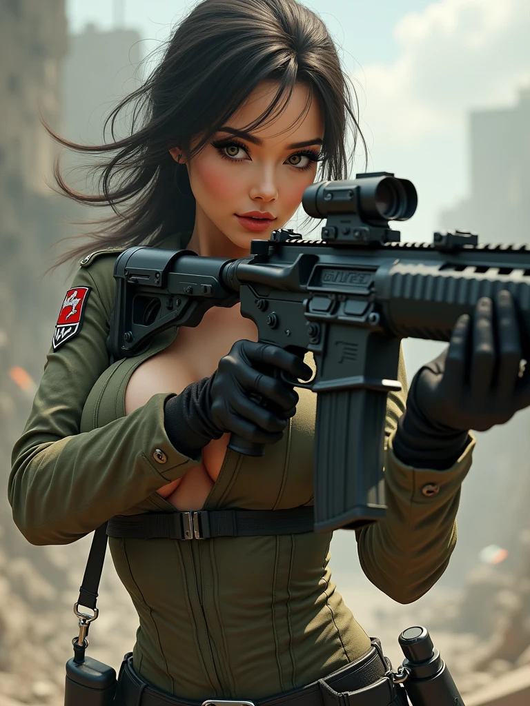very sexy woman, thin and with very large breasts, dressed in a military uniform fitted to the silhouette of her body, shooting with a war rifle, hyper realism, high quality, full details