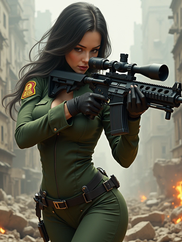very sexy woman, thin and with very large breasts, dressed in a military uniform fitted to the silhouette of her body, shooting with a war rifle, hyper realism, high quality, full details