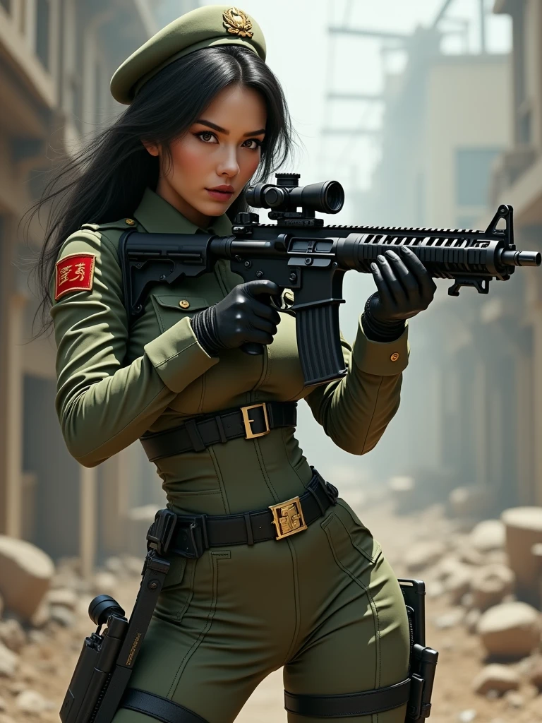 very sexy woman, thin and with very large breasts, dressed in a military uniform fitted to the silhouette of her body, shooting with a war rifle, hyper realism, high quality, full details