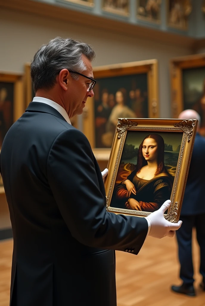 White gloves、Holding a precious, expensive painting、What you show to customers、Museum Director、male、40 years old、Black suit、Scenery inside the Louvre