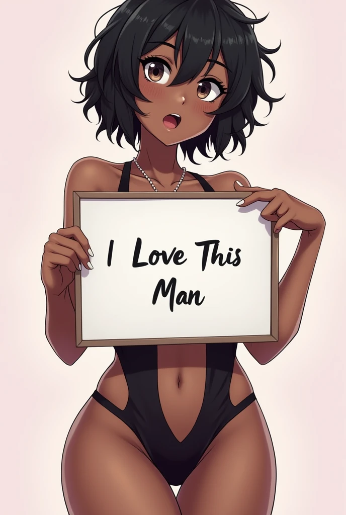 Beautiful brown skin girl with mess short black hair, lingerie dress, holding a white board with text "I Love This Man" and showing it to the viewer, anime style 