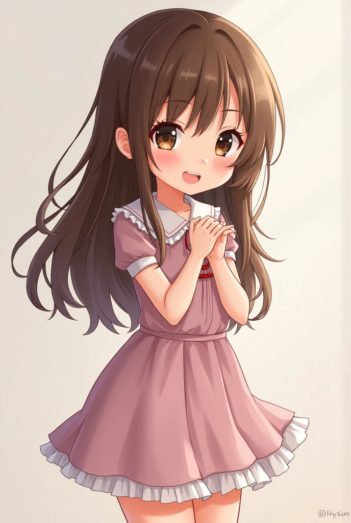 A beautiful girl, brown hair, brown eyes,wearing short dress,