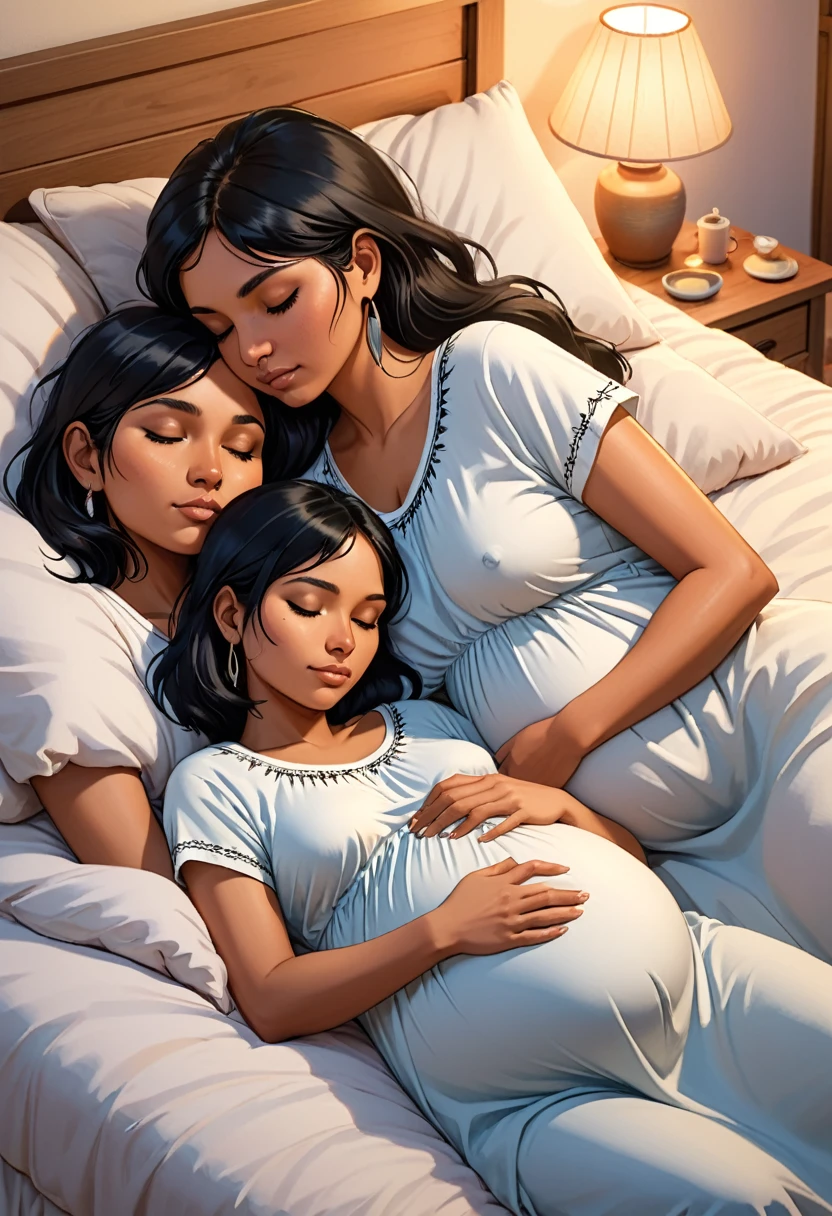 Nisha and Vivian are sleeping peacefully together in a big, comfy bed, cuddling closely. Nisha, a woman with short black hair, is wearing a t-shirt. Vivian, a pregnant Native American woman with tanned skin, brown eyes, and long flowing black hair, is dressed in a nightgown.