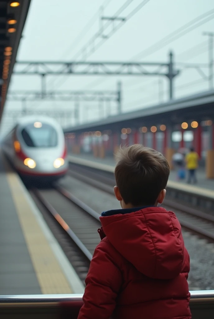 An American child is amazed at the sight of the Shinkansen