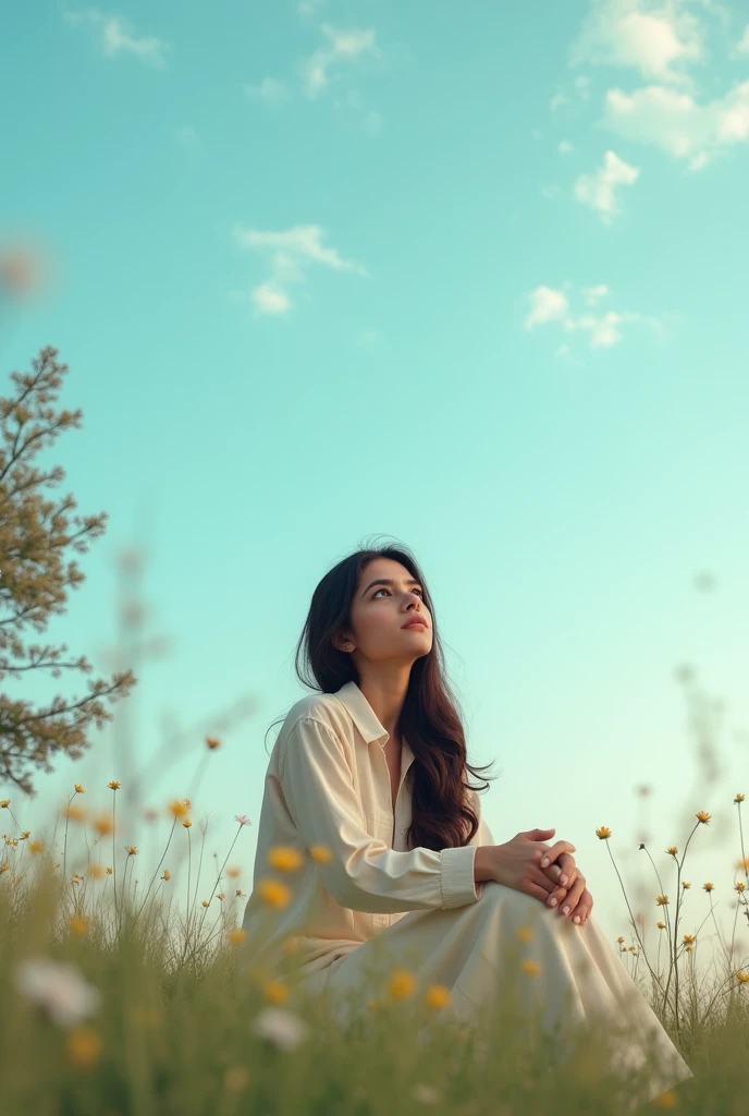 I'll try to describe the scene for you:
A 21-year-old Pakistani girl with a fair complexion and sits alone, watching the sky. She has a Roman nose and a serene expression on her face. The sky behind her is bright. She's surrounded by a peaceful atmosphere, with a few trees or flowers in the background. Show more sky picture should be landscape make her nose a long