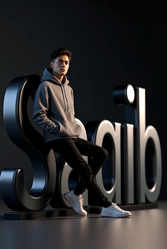 Create an image featuring a large, glossy, “Saqib” 3D name in the foreground with a young boy leaning casually against it. The person should be dressed in stylish, monochromatic clothing and have a confident pose. The background should be a dark gradient to keep the focus on the name and the person. Ensure that the lighting gives a soft glow to the edges of the 3D name and casts subtle shadows to add depth to the overall composition.