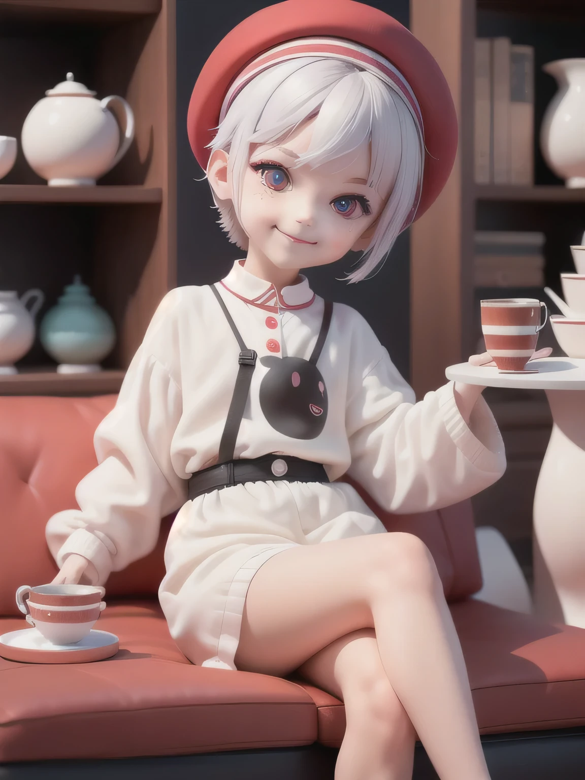 (masterpiece),(best quality),(Extremely detailed), (whole body:1.2),
1 Boy,Red Cliff,Lovely, Smile,
White Bob Hairstyle, Red Eyes, Wearing a hat and a white shirt,Black pants
(Sit on the red sofa),
Cute pose, Smile,
A sleek black coffee table is placed in front of the sofa,There are some decorations on the shelves,
(Cute and delicate face), (cute detailed eyes),