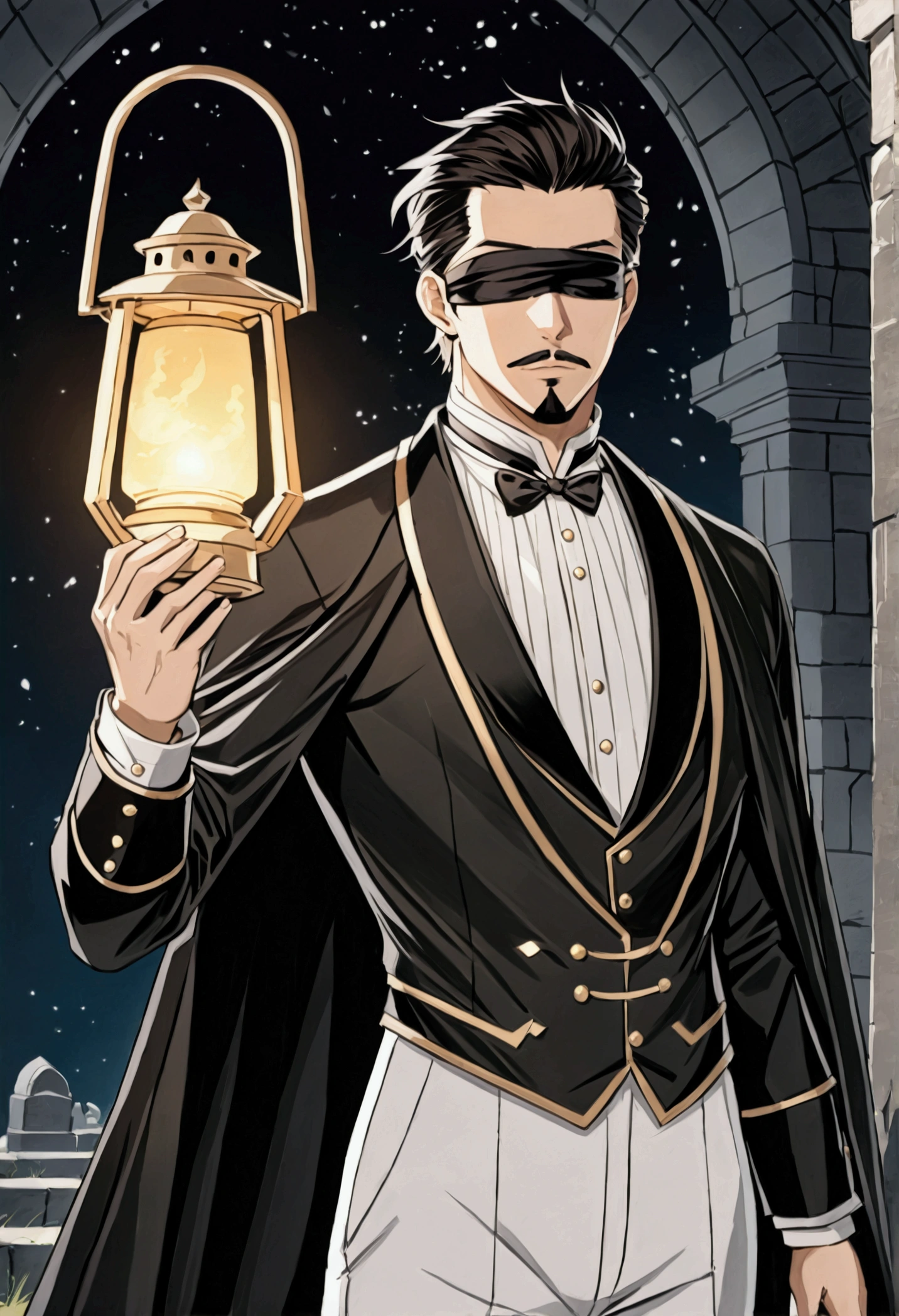 He has a muscular tall build. His hair is a black undercut.He also have short black goatee.His eye is glowy green
Logan wear blindfold because of tradition.
His full name is Logan Jamie Raymond.
Toshio was a shy,insecure in private but adopted a warm outgoing persona
He always carry lantern named "Last Memory".It allow him to summon spirit and allow him to use magic.
Logan have ghost asisstant livinf inside lantern that look like the Logan but older and taller named Landon.His personality is sarcastic,introvert and seriousogan wear white suit with black rose.Landon wear black suit with white r
He is gravekeeper and Pallbeare on "Raymond" owned graveyard Named "Last Burial"