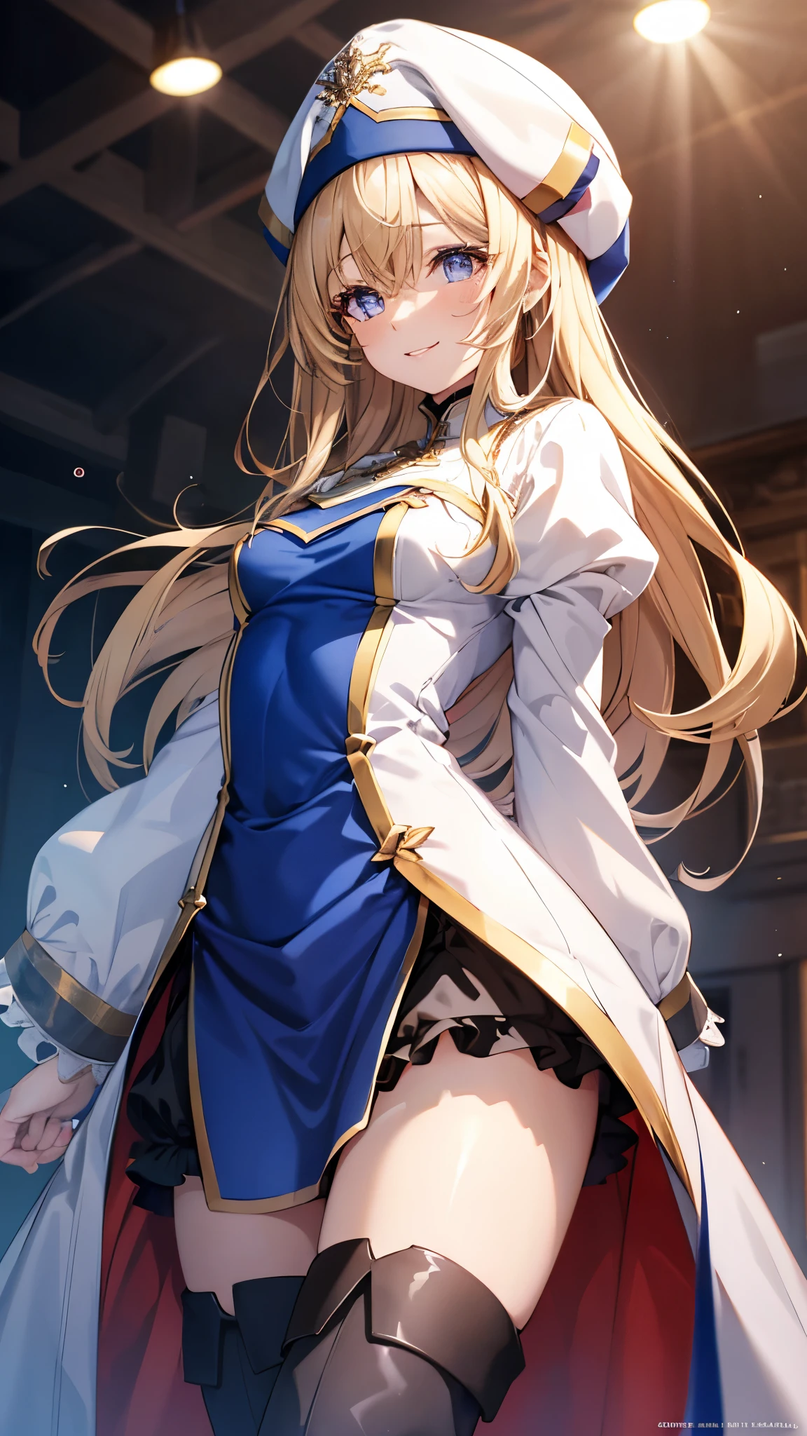 aapri, long hair, white headwear, small breasts, white dress, puffy sleeves, long sleeves, pelvic curtain, thighhighs, thigh boots,blonde hair,slender,smile,pray,masterpiece,Noise Reduction,perfect anatomy,high resolution, ultra-detailed, ultra-detailed face,game cg,dutch angle ,beautiful detailed eyes,visualart,five fingers, perfect hands, perfect lighting, sparkling pupils,