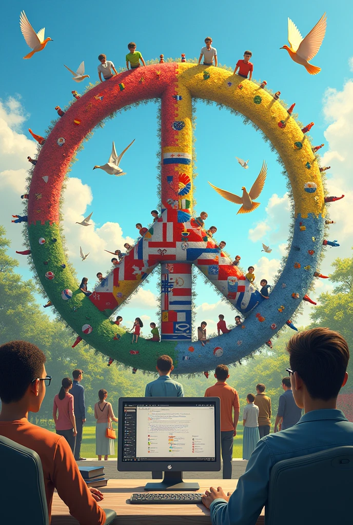 A picture of people and technology working together world peace A peace sign filled with national flag patterns A pigeon Olive leaves Origami Crane Paints