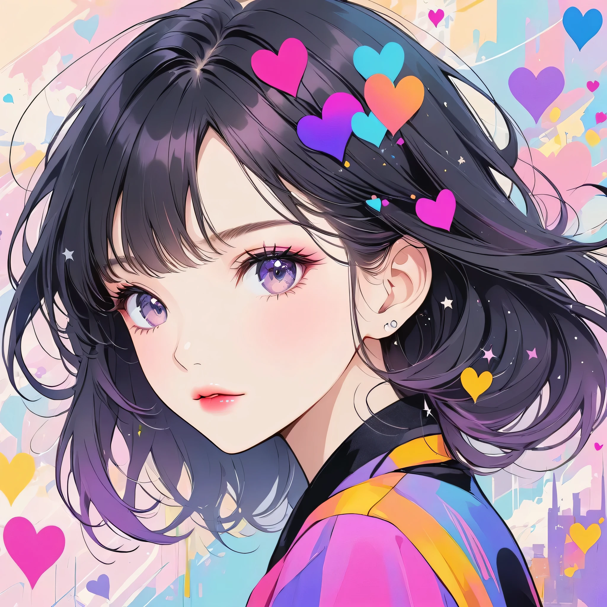 Black Star pastel color style, Simple Line Initialism，Abstract art，Urban Background, (((The most beautiful girl of all time))), Sweet face. Lips in love, colorful hearts, stylish design