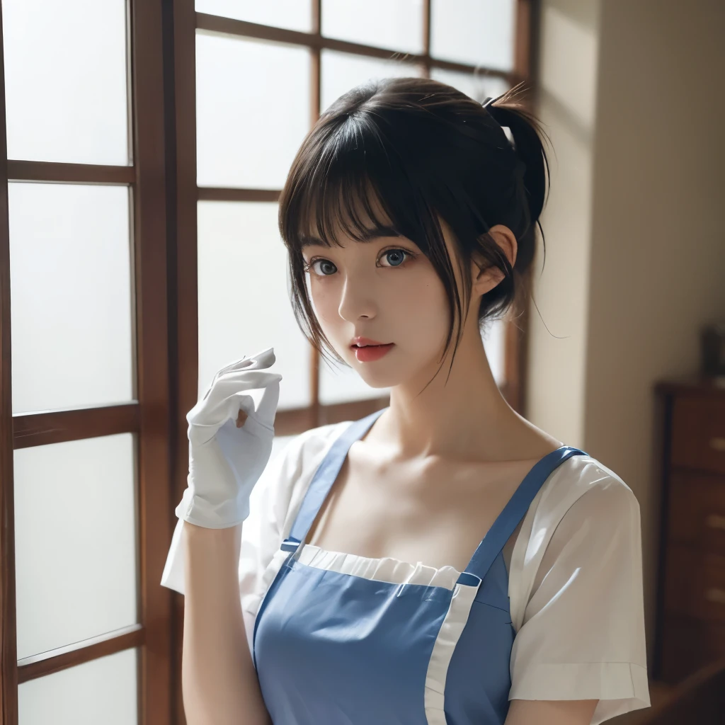 ((masterpiece, 最high quality, high quality)),One girl, (Lower Body, hospital), (nurse_uniform_length_3, gloves, apron, nurse cap, nurse,length dress), (One girl, 3DCG 07, Black Hair, blue eyes, curtained hair, Kaede Sakata, low Twin tails, Medium chest, Parted bangs, ponytail, short hair, alone, Twin tails),(Maid 1.8)(Realistic、live-action)