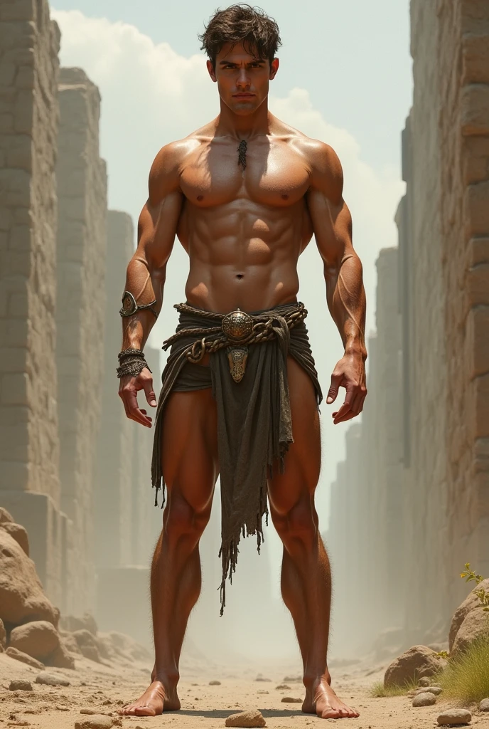 A young nude fantasy warrior with dark brown short hair and a big nude penis, realistic