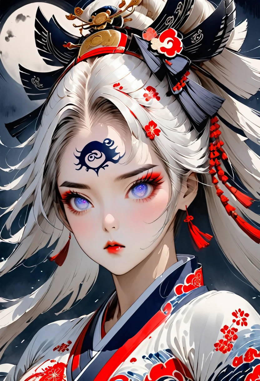 Ink painting, (((1 girl))), (((Tattoo in the middle of the forehead))),(((In the background is the Akatsuki moon))), (((holding a katana sword))), (((Oiran))), (((Great hair accessories))), Japanese style headphones, Demon possession, (((Sakura tree color eyes with engraving inside))),Face up close, Japanese beauty, White hair, Sensitive and precise, Modern Ukiyo-e style