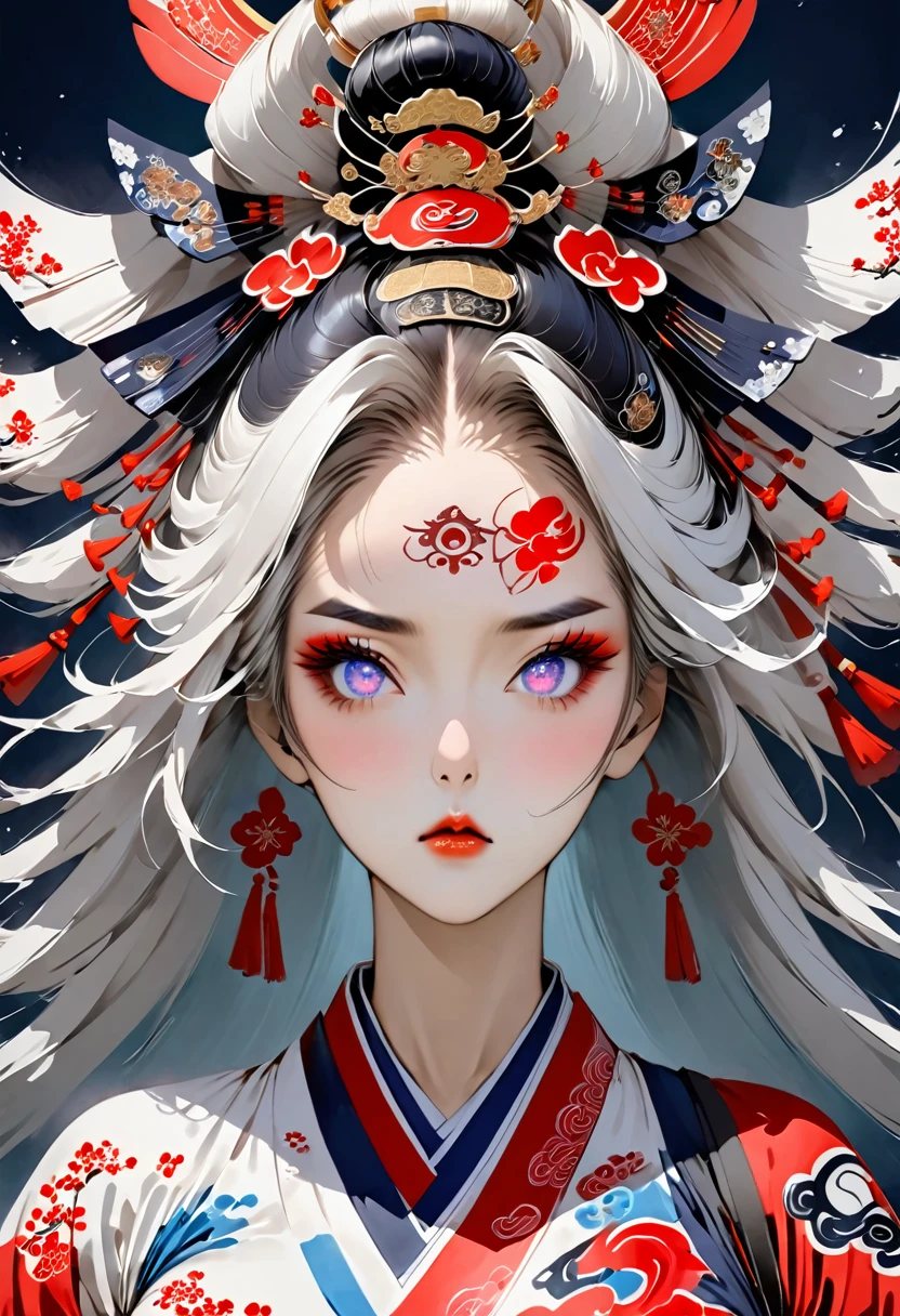 Ink painting, (((1 girl))), (((Tattoo in the middle of the forehead))),(((In the background is the Akatsuki moon))), (((holding a katana sword))), (((Oiran))), (((Great hair accessories))), Japanese style headphones, Demon possession, (((Sakura tree color eyes with engraving inside))),Face up close, Japanese beauty, White hair, Sensitive and precise, Modern Ukiyo-e style