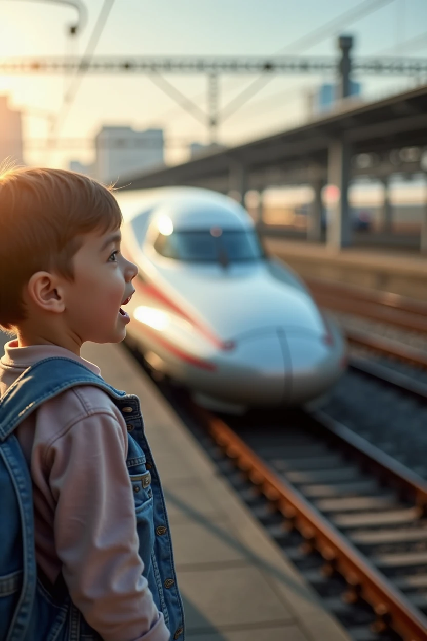 An American child is amazed at the sight of the Shinkansen