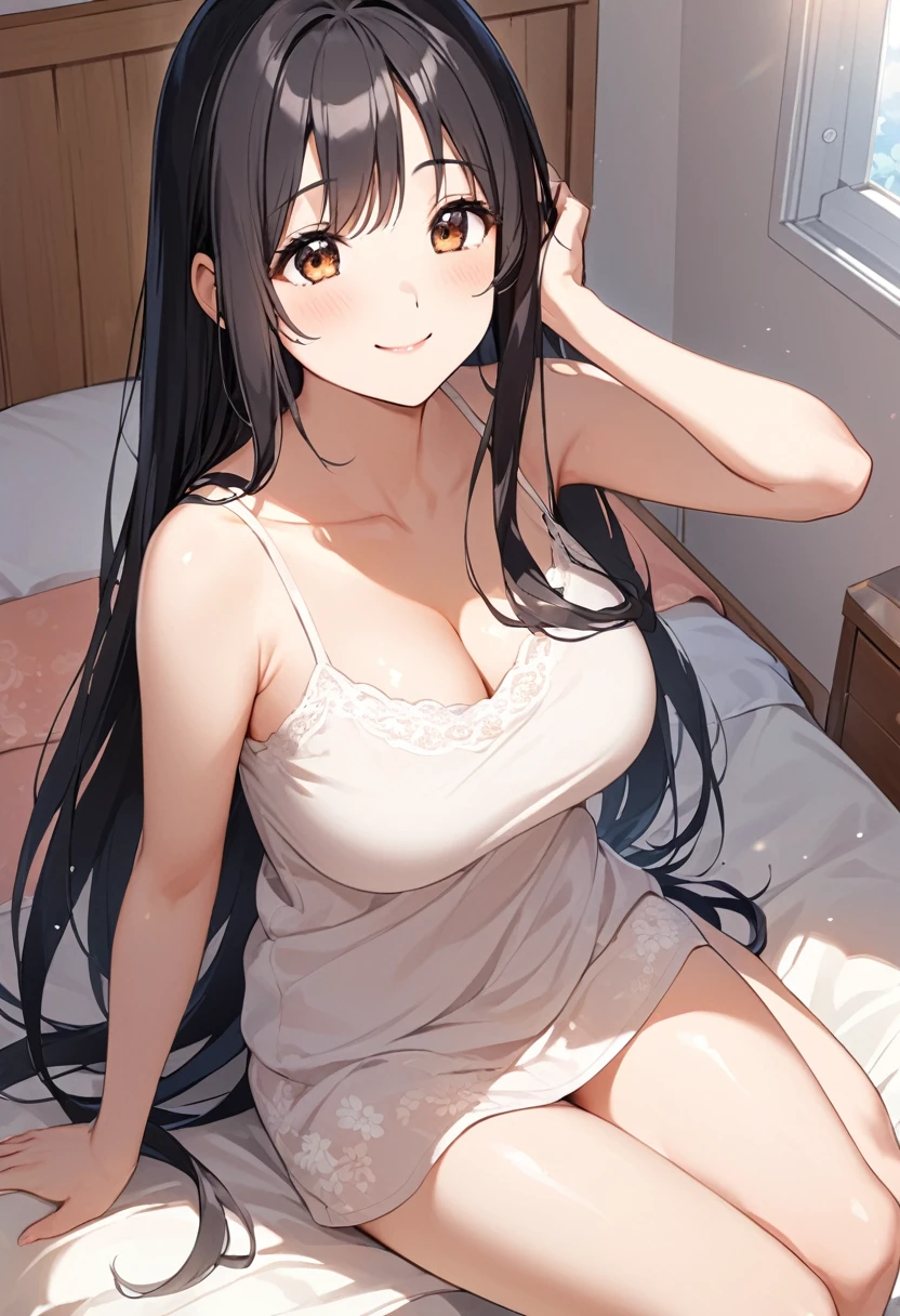 Girl,cute,cute,Chest to head,smile,Straight Hair,Long Hair,Black Hair,Girl sitting,Bedroom,morning,sunny,big breast photos,From above,Look up here,camisole