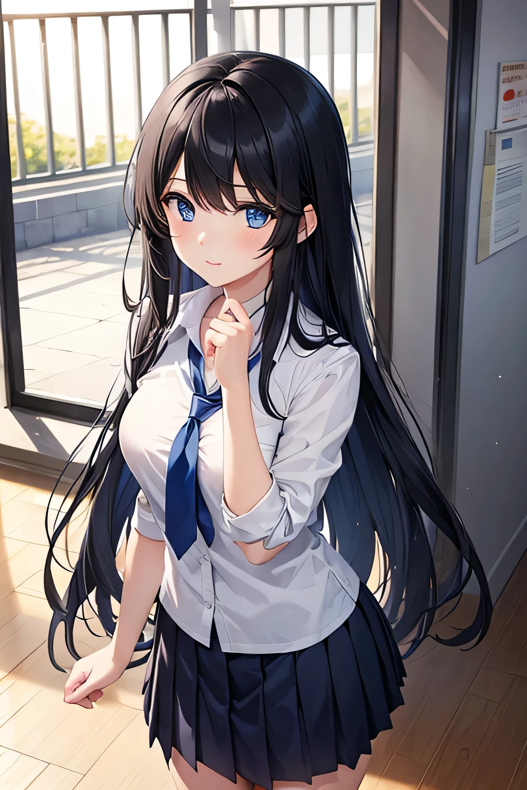 A woman in a school uniform、Black Hair、Long Hair、blue eyes、