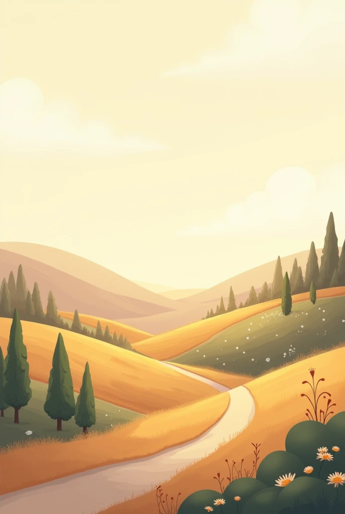 The cartoon focuses on natural views, warm atmosphere, earth tones, pastel colors, no animals, no trees, no small flowers.