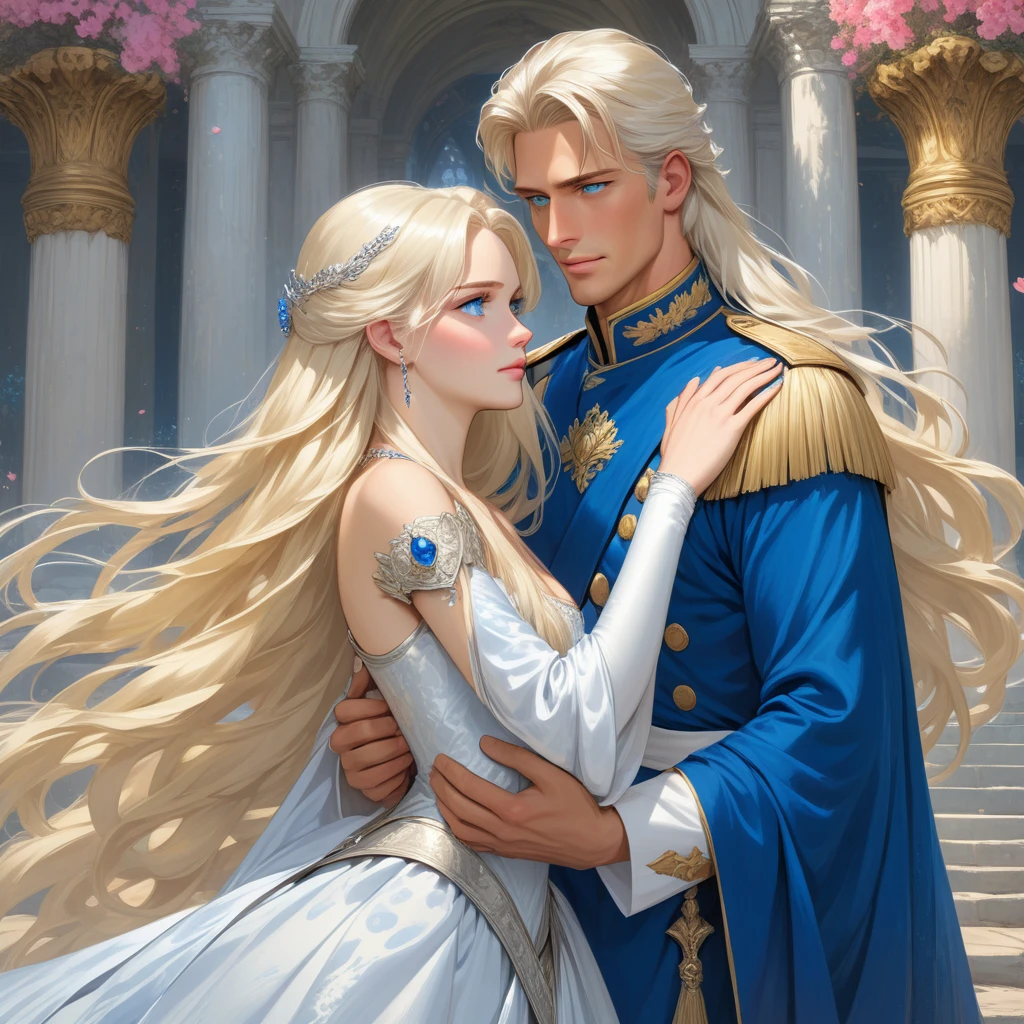 A tall, handsome, statuesque, courageous adult man is a platinum blonde with blue eyes, dressed in an ancient military uniform, he has long straight silver platinum hair, long bangs, he holds the hand of an incredibly beautiful young fatal blonde woman with blue eyes, long golden hair, she is dressed in a princess dress, she has jewelry, the crown. They're in love.