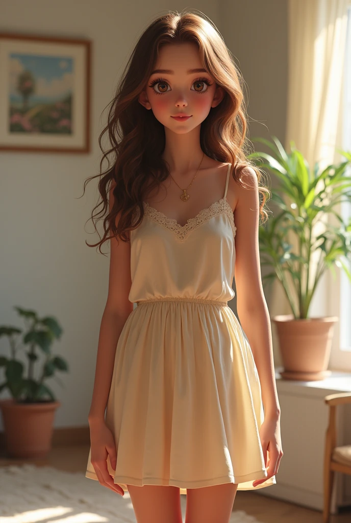 A beautiful girl, brown hair, brown eyes,wearing short dress, full body, 20 years old