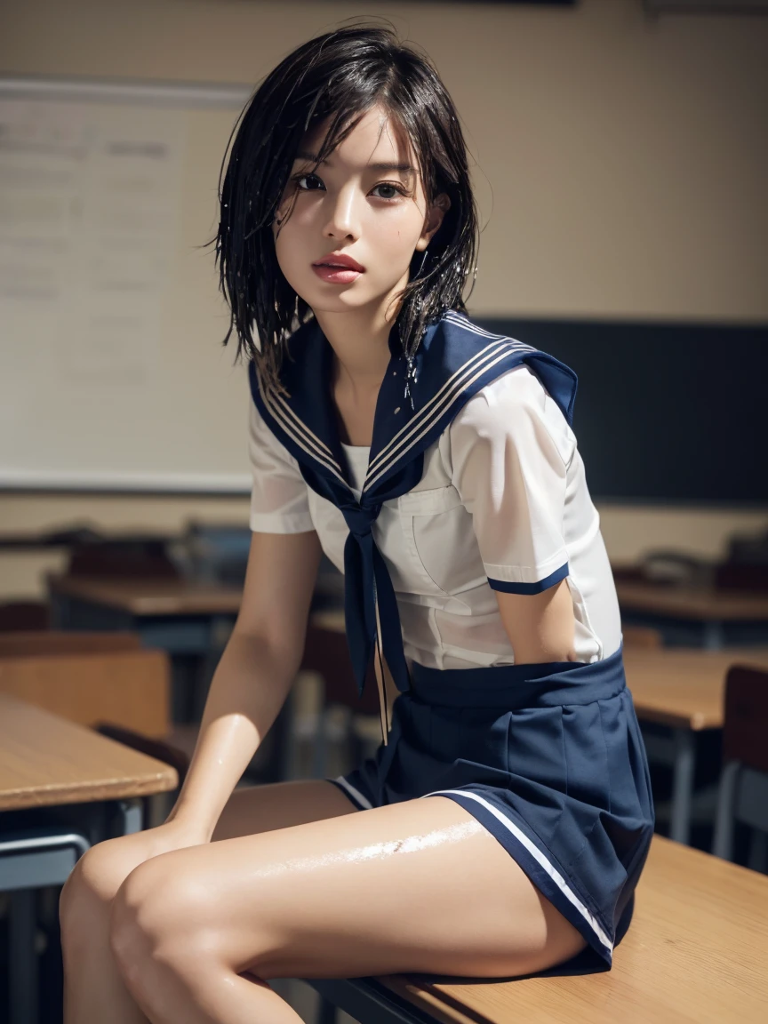 (masterpiece:1.2), Very detailed, Ultra-high resolution, (Realistic, photo Realistic:1.6), High-resolution RAW color photos, Professional photos, Sharp focus:1.2, (Very detailed顔と肌の質感, Very beautiful eyes, Glossのある肌, Glowing Skin, Glowing Skin, Shining Face, Gloss, Oily skin, greasy face, Oily skin, greasy face,),, (real Glossのある肌 texture), Perfect Anatomy, Very detailed背景,(High school classroom at night),1 female,25-year-old woman, Japanese women,Height: 168cm,(short hair, Straight hair, bangs, Brown Hair),((Flat Chest:1.6)),(Slim, thin legs), ((((Short Sleeve White Sailor School Uni形状、Navy blue pleated skirt:1.5、Perfectly detailed sexy thong panties under skirt))),(Sit on your desk with your knees upright:1.4)、(((Wet and sheer sailor suit:1.4))),From the side:1.4