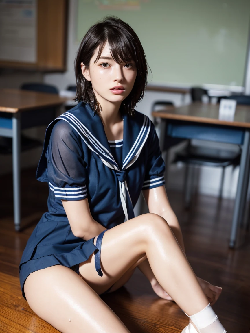 (masterpiece:1.2), Very detailed, Ultra-high resolution, (Realistic, photo Realistic:1.6), High-resolution RAW color photos, Professional photos, Sharp focus:1.2, (Very detailed顔と肌の質感, Very beautiful eyes, Glossのある肌, Glowing Skin, Glowing Skin, Shining Face, Gloss, Oily skin, greasy face, Oily skin, greasy face,),, (real Glossのある肌 texture), Perfect Anatomy, Very detailed背景,(High school classroom at night),1 female,25-year-old woman, Japanese women,Height: 168cm,(short hair, Straight hair, bangs, Brown Hair),((Flat Chest:1.6)),(Slim, thin legs), ((((Short Sleeve White Sailor School Uni形状、Navy blue pleated skirt:1.5、Perfectly detailed sexy thong panties under skirt))),(Sit on your desk with your knees upright:1.4)、(((Wet and sheer sailor suit:1.4))),From the side:1.4
