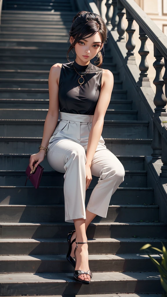 1_girl, solo, Pose: Woman seated on a staircase, with one leg bent and the other extended or crossed at the ankles. Her hands can be resting on her knee, holding a small accessory, or placed gently on the steps beside her.Expression: Calm and confident, with a soft smile or a thoughtful gaze, conveying elegance and poise.Attire: Fashion-forward outfit such as a chic dress, tailored pants with a blouse, or a trendy jumpsuit that complements the sophisticated setting.Hair: Styled elegantly, whether in loose waves, a sleek ponytail, or a polished updo, adding to the overall refinement of the pose.Makeup: Subtle yet glamorous, with defined eyes and lips that enhance her natural beauty.Background: A stylish staircase in a modern building, a grand staircase in a historical location, or an outdoor staircase surrounded by greenery, adding architectural interest to the composition.Lighting: Soft, natural or slightly dramatic lighting that highlights her form and creates depth in the image.Accessories: Minimal and elegant, such as a statement necklace, stylish heels, or a fashionable handbag placed beside her.Props: Optional, such as a small clutch, a book, or a coffee cup to add a touch of personality and context.Mood: Elegant, poised, and sophisticated.