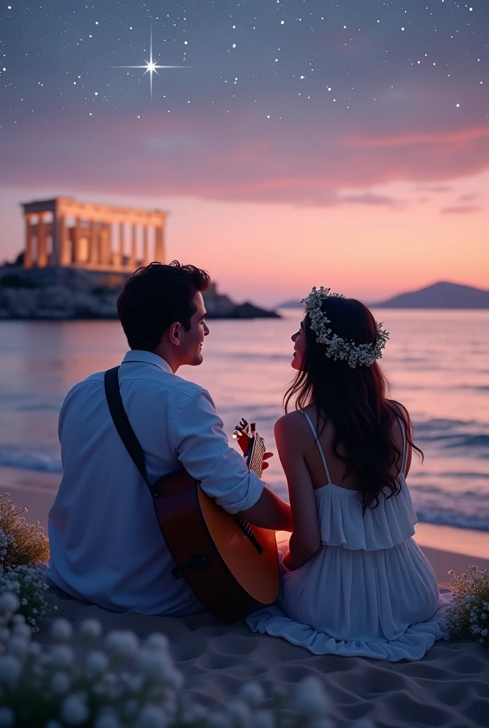 Cuddling on the beach at night and looking up at the stars、Man and woman couple silhouette。The man is playing the guitar。The woman is wearing a laurel wreath。The woman is wearing a white dress。Greek temple across the sea。The sky is a pale pastel pink。White flowers blooming on the beach。