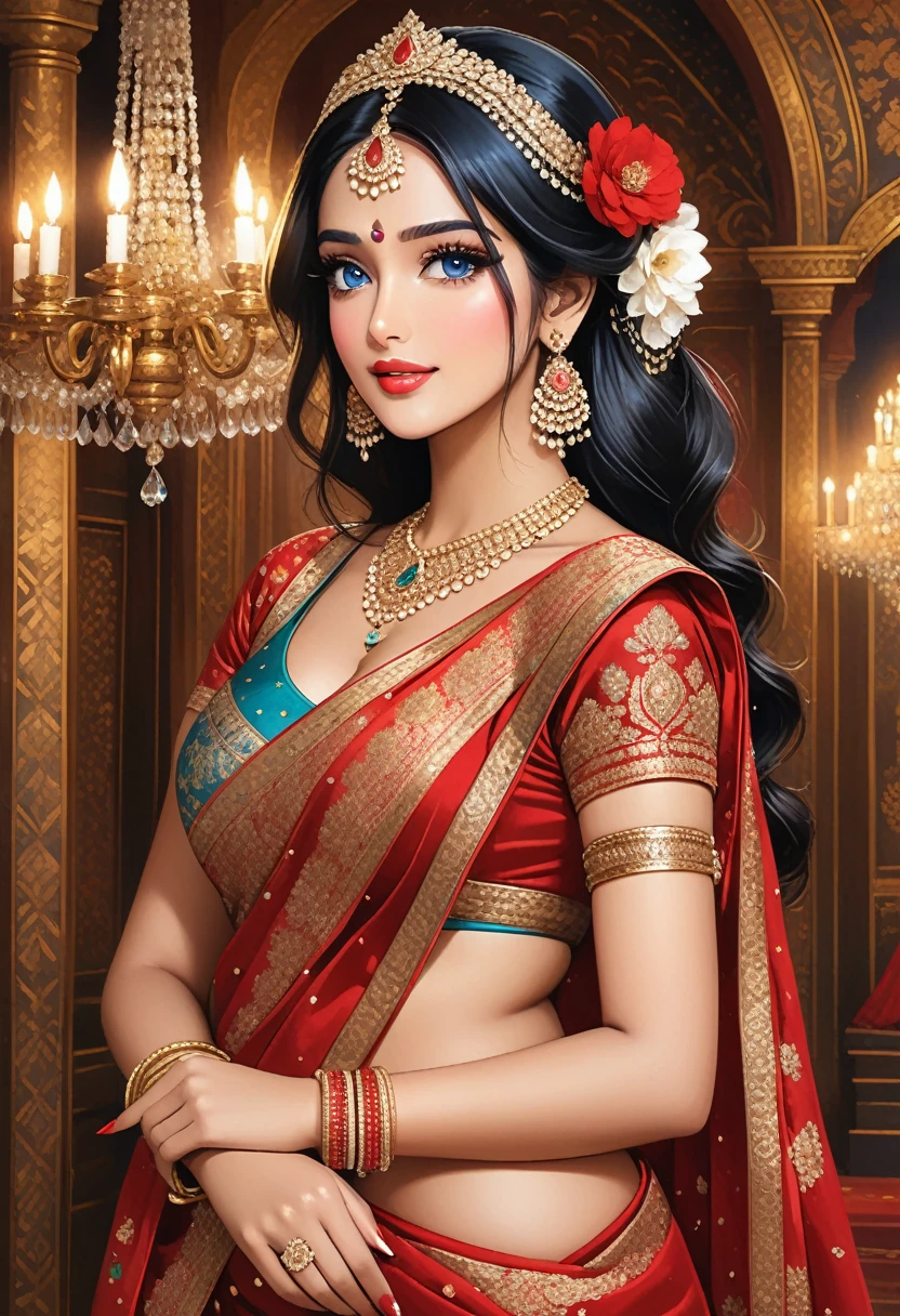 Hot sexy beautiful one princess with hugging ugly fat old man, long sparkling chandelier earrings,big breasts, ,black hair ,blush,blue eyes,red lipstick, chandelier jewelry,makeup, ornament, chandelier necklace,waist chain, rings,bangles,hair flower brochure,hair pins,hair chain, royal palaces and grand architecture, Traditional Indian sari, elegant draping style, intricate floral motifs, handwoven silk material, embellished with sequins and beads, sparkling gemstones and gold accents, artistic rendering of Indian culture, traditional jewelry and accessories, indian traditional wedding saree, crown ,