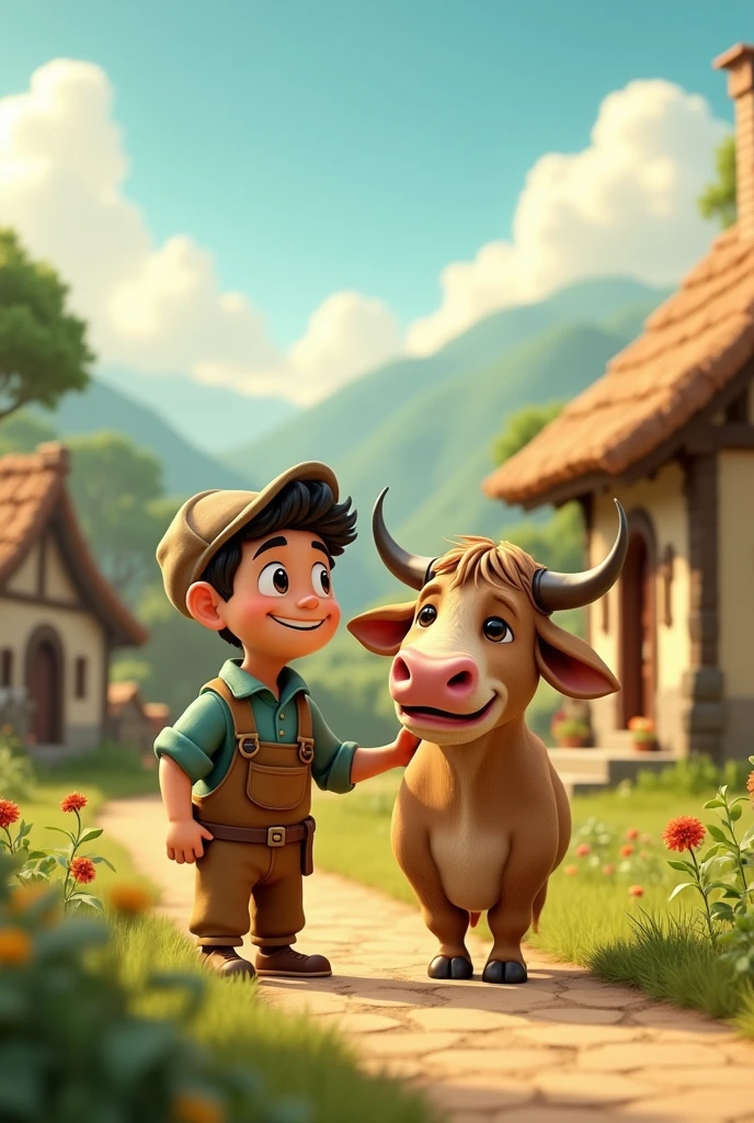 In cenematic 3d cartoon style"
एक समय की बात है, एक छोटे से गाँव में एक किसान रहता था। उसके पास एक बुढ़ा बैल था जिसे वह बहुत प्यार करता था।"