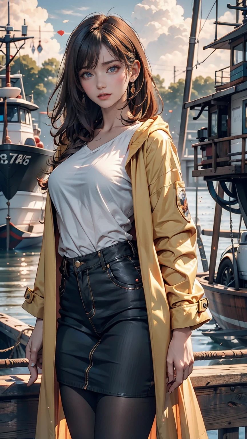 (masterpiece:1.2), Highest quality, Beautiful female fisherman photo, Redhead, 40 years old, Wearing a yellow raincoat, (On a fishing boat:1.3), Dark Clouds, PhotoRealistic, HyperRealistic, Ultra-detailed, Analog Style, bent at the waist, Modest, Low Cut, Detailed skin, Matte skin, Soft lighting, Scattered beneath the surface, Realistic, Dark Shadows, masterpiece, Highest quality, ultra Realistic, 8k, Golden Ratio, Complex, Attention to detail, Film Photography, Soft Focus