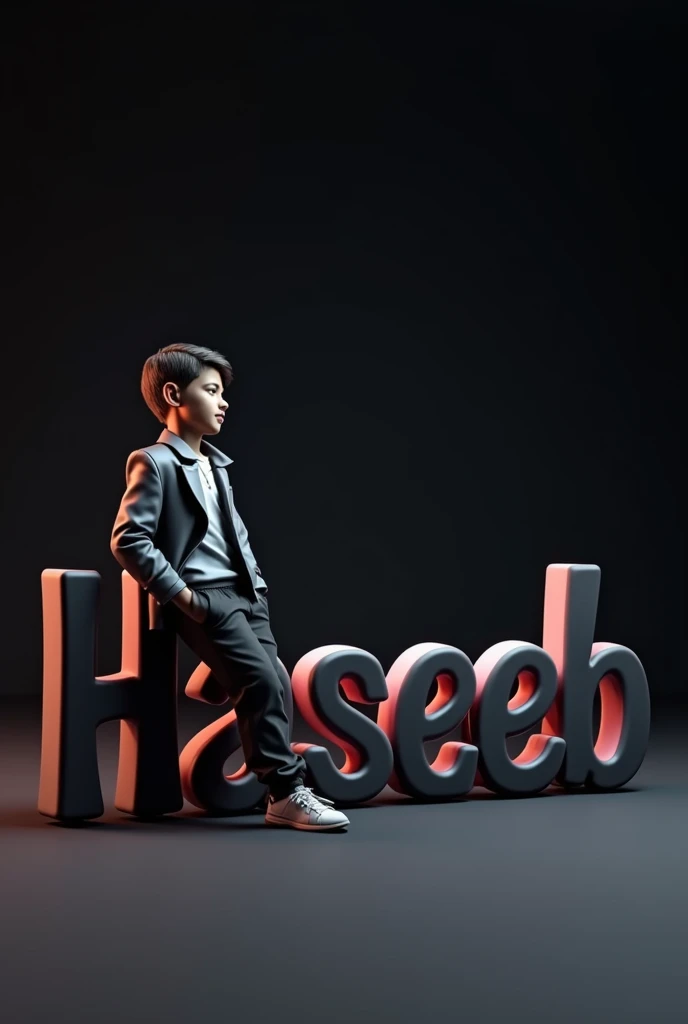 Create an image featuring a large, glossy, “Haseeb” 3D name in the foreground with a young boy leaning casually against it. The person should be dressed in stylish, monochromatic clothing and have a confident pose. The background should be a dark gradient to keep the focus on the name and the person. Ensure that the lighting gives a soft glow to the edges of the 3D name and casts subtle shadows to add depth to the overall composition.