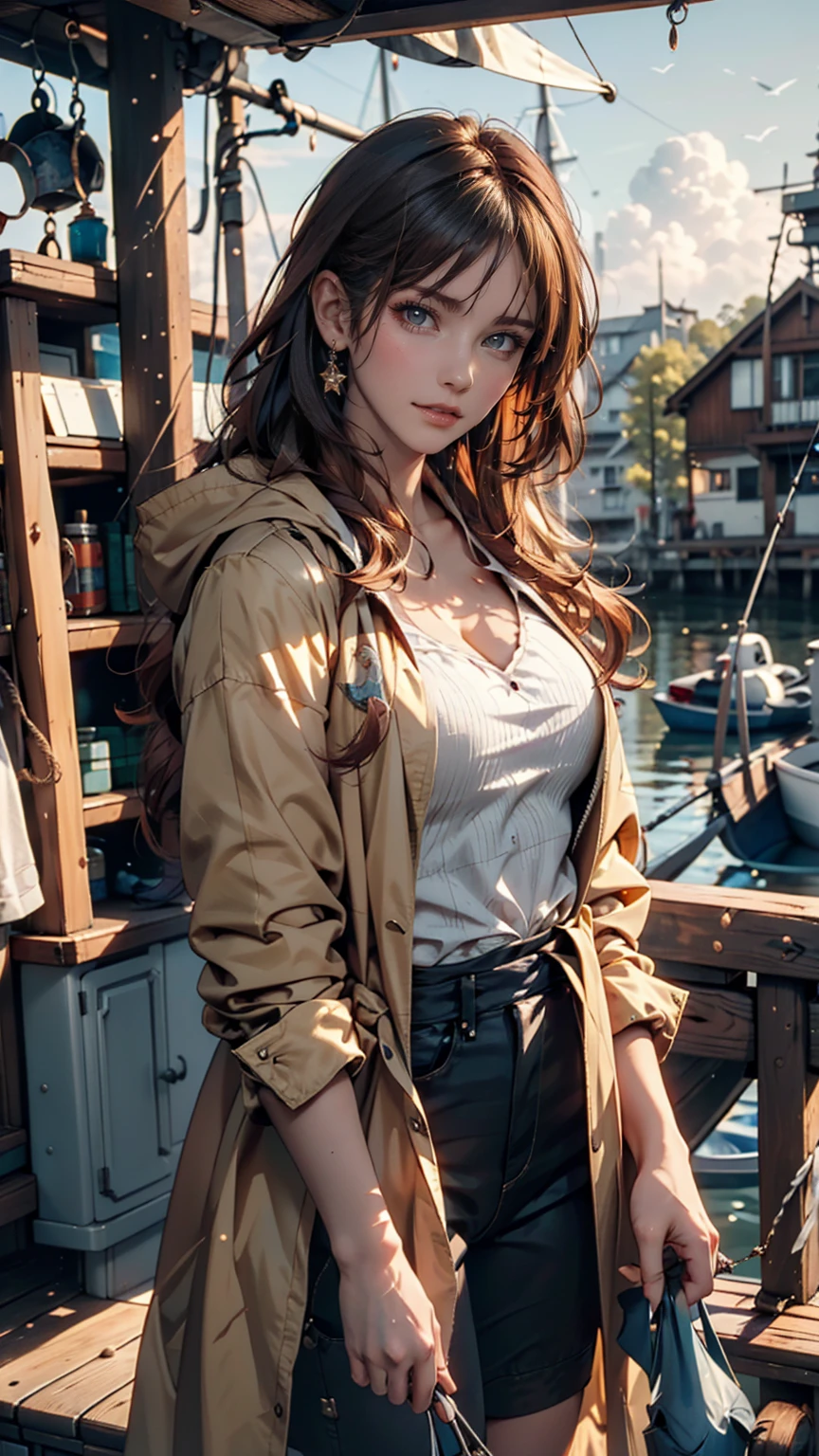 (masterpiece:1.2), Highest quality, Beautiful female fisherman photo, Redhead, 40 years old, Wearing a yellow raincoat, (On a fishing boat:1.3), Dark Clouds, PhotoRealistic, HyperRealistic, Ultra-detailed, Analog Style, bent at the waist, Modest, Low Cut, Detailed skin, Matte skin, Soft lighting, Scattered beneath the surface, Realistic, Dark Shadows, masterpiece, Highest quality, ultra Realistic, 8k, Golden Ratio, Complex, Attention to detail, Film Photography, Soft Focus