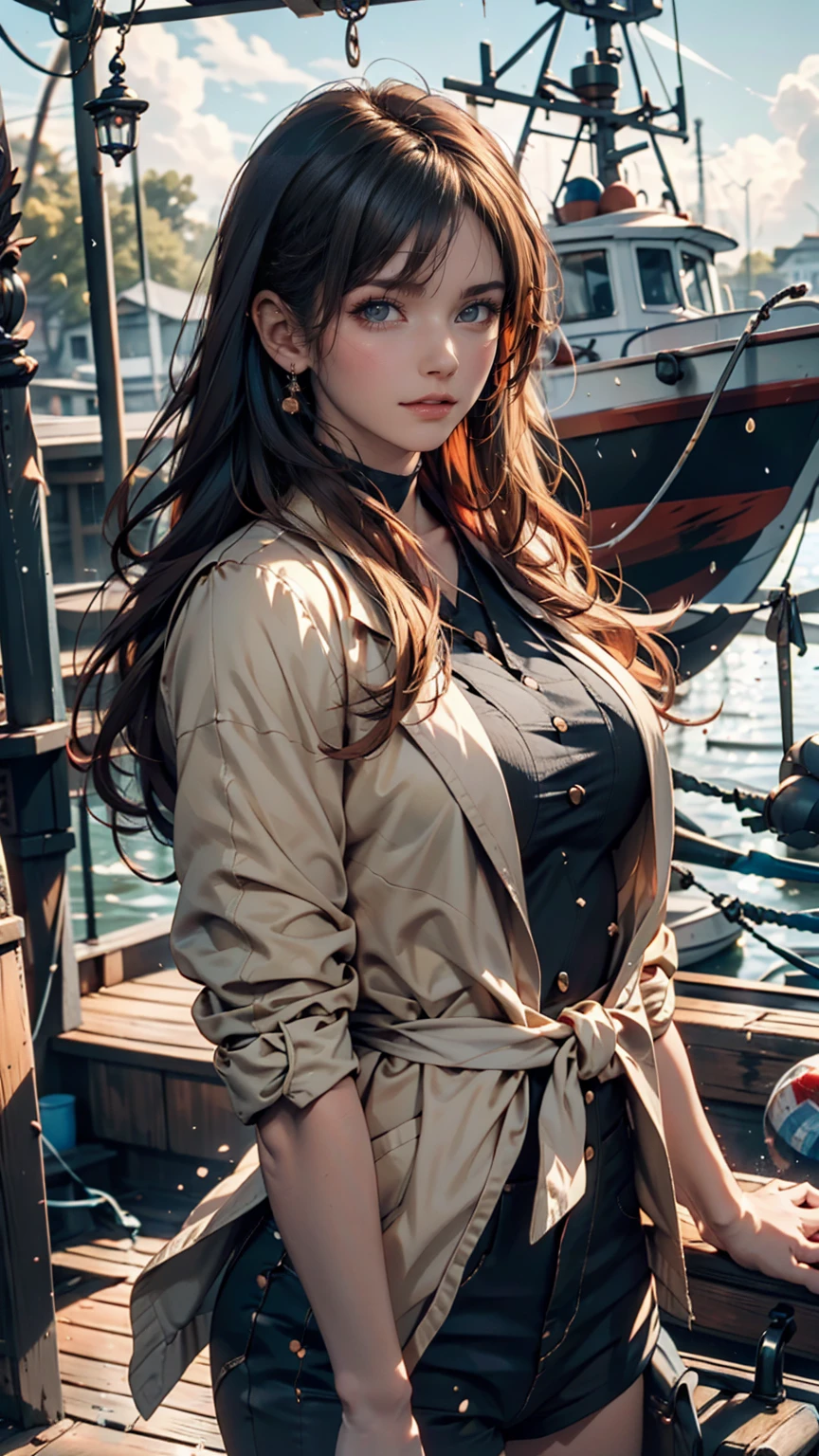 (masterpiece:1.2), Highest quality, Beautiful female fisherman photo, Redhead, 40 years old, Wearing a yellow raincoat, (On a fishing boat:1.3), Dark Clouds, PhotoRealistic, HyperRealistic, Ultra-detailed, Analog Style, bent at the waist, Modest, Low Cut, Detailed skin, Matte skin, Soft lighting, Scattered beneath the surface, Realistic, Dark Shadows, masterpiece, Highest quality, ultra Realistic, 8k, Golden Ratio, Complex, Attention to detail, Film Photography, Soft Focus