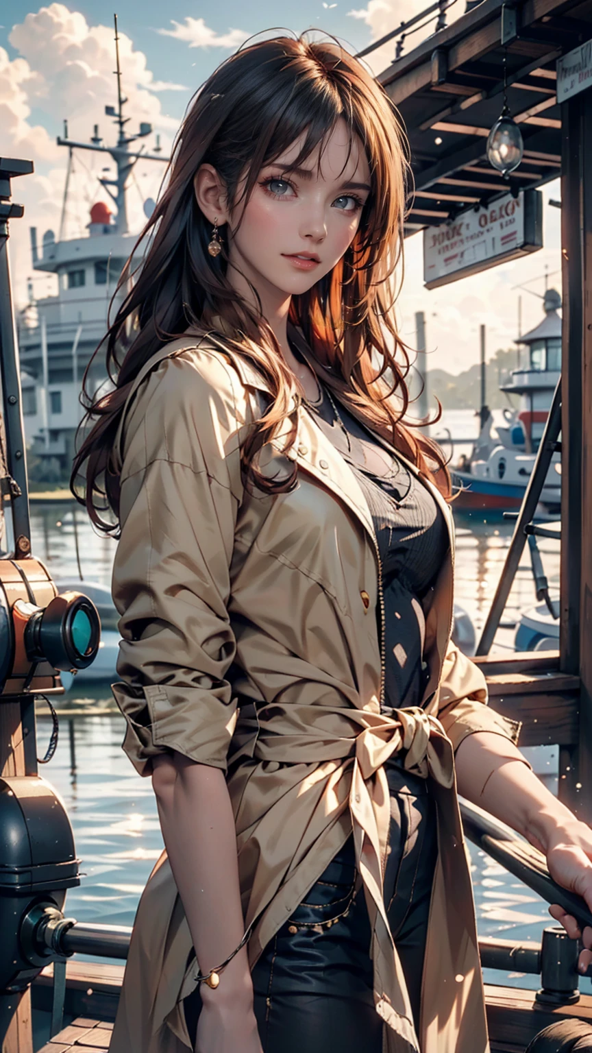 (masterpiece:1.2), Highest quality, Beautiful female fisherman photo, Redhead, 40 years old, Wearing a yellow raincoat, (On a fishing boat:1.3), Dark Clouds, PhotoRealistic, HyperRealistic, Ultra-detailed, Analog Style, bent at the waist, Modest, Low Cut, Detailed skin, Matte skin, Soft lighting, Scattered beneath the surface, Realistic, Dark Shadows, masterpiece, Highest quality, ultra Realistic, 8k, Golden Ratio, Complex, Attention to detail, Film Photography, Soft Focus