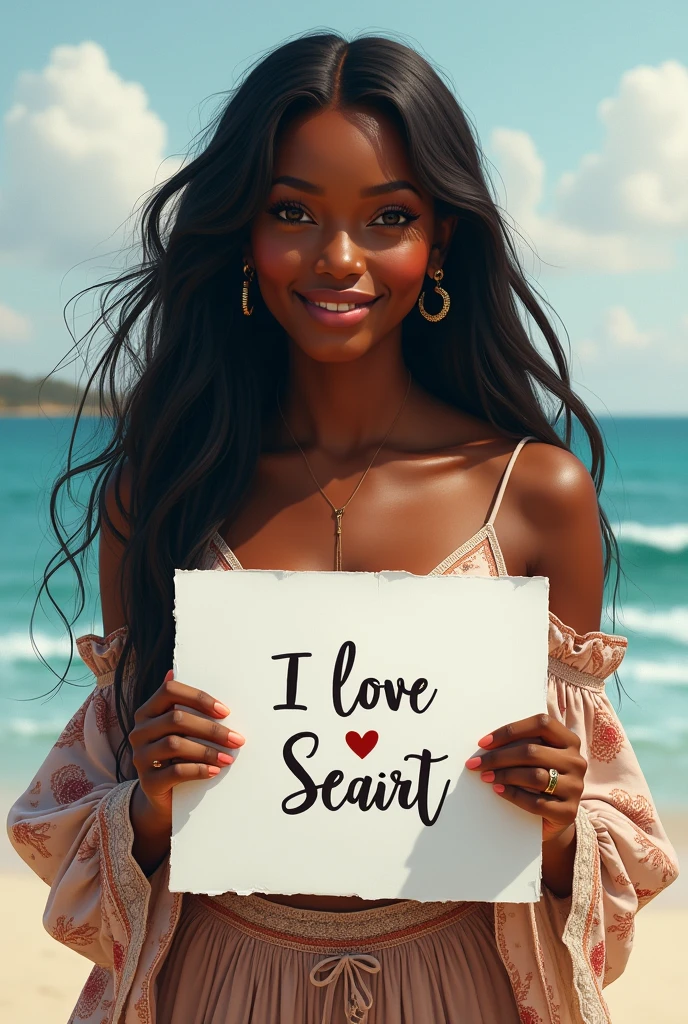 Beautiful black girl with wavy long hair, bohemian dress, holding a white board with text "I Love Seaart Infinity" and showing it to the viewer